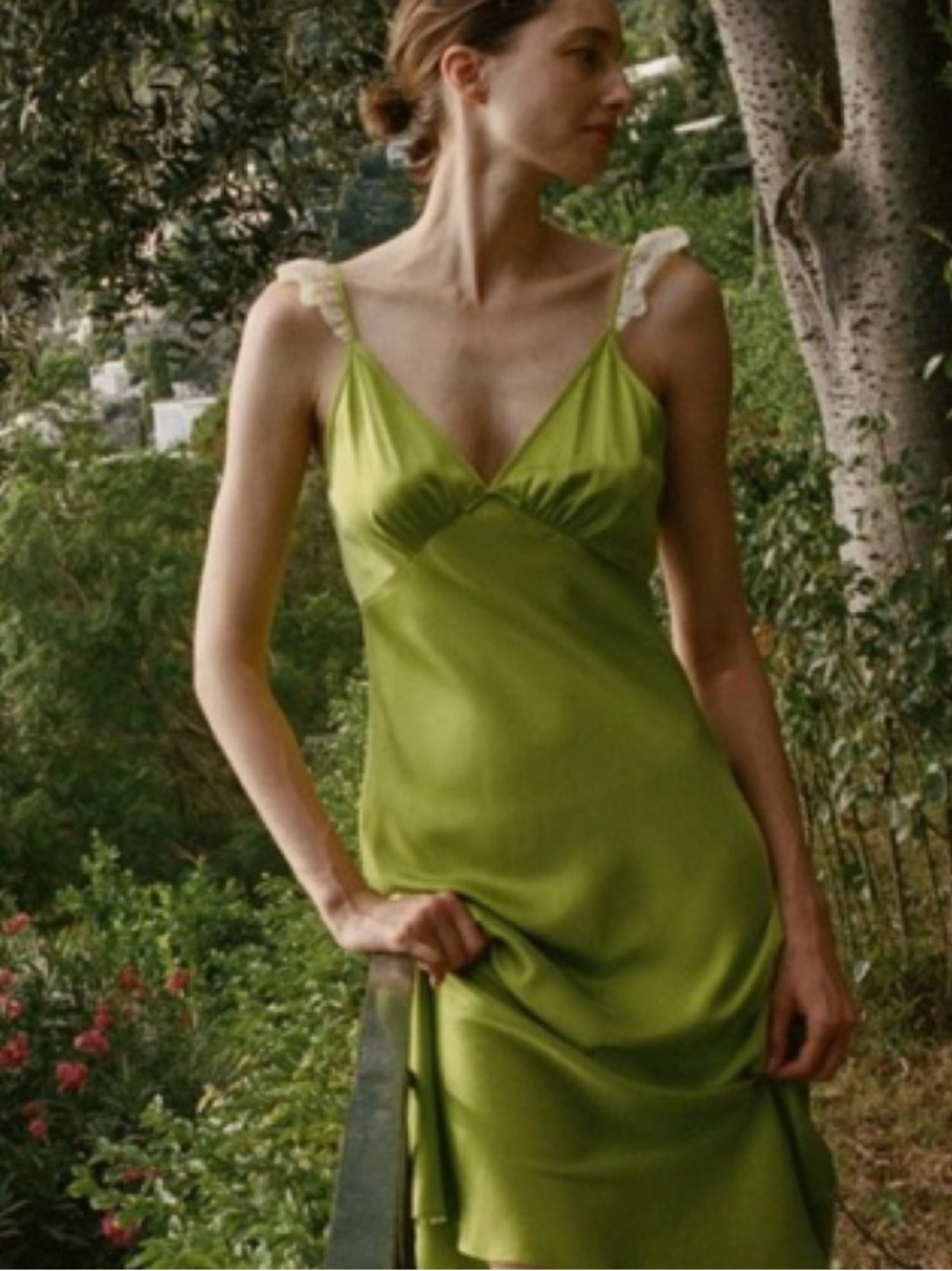 Doen Lime-Green Silk Slip Dress with Ruffle Straps - Picture 3 of 8